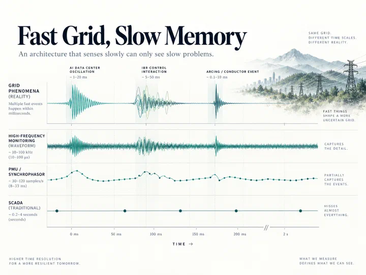Infographic titled Fast Grid, Slow Memory: millisecond grid events are captured in full by high-frequency waveform monitoring, partially by synchrophasors, and almost entirely missed by SCADA.