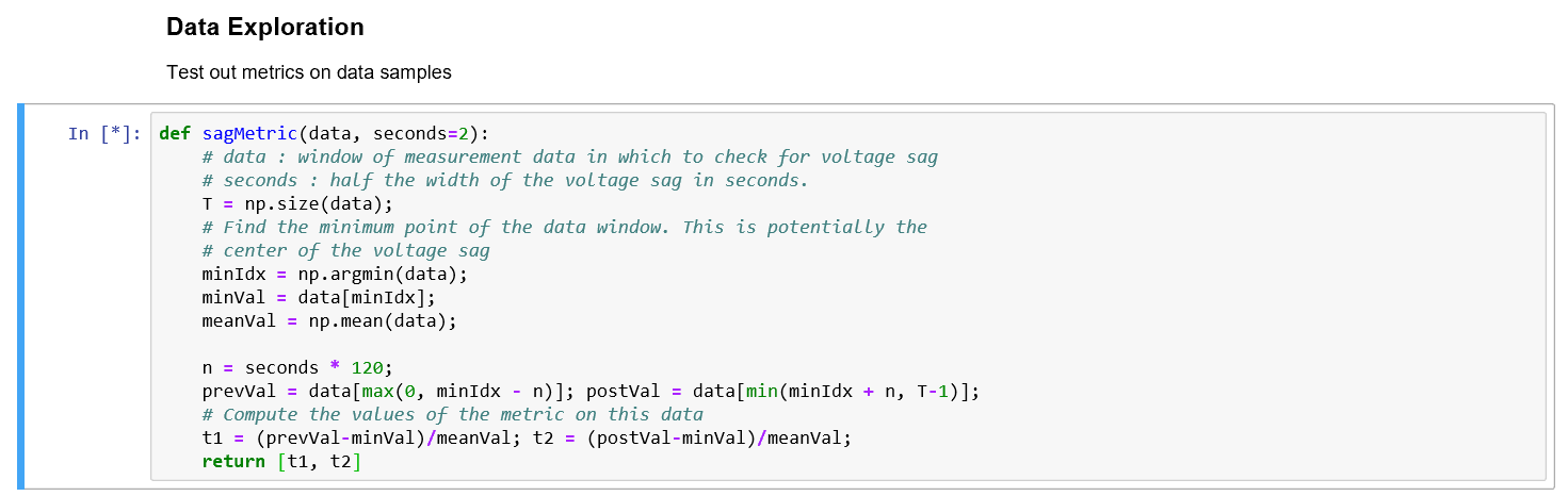 Screenshot of a Jupyter Notebook cell defining a Python function, sagMetric, that finds the minimum of a data window and returns two values comparing it to the measurements before and after.